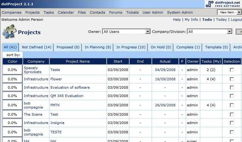 DotProject hosting screenshot